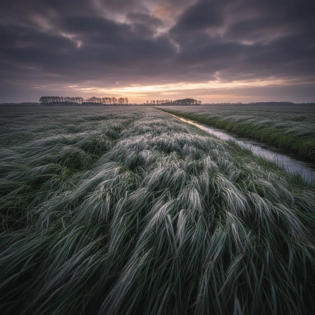 Open veld met lang gras en een bewolkte lucht, ochtenddauw zichtbaar op de planten