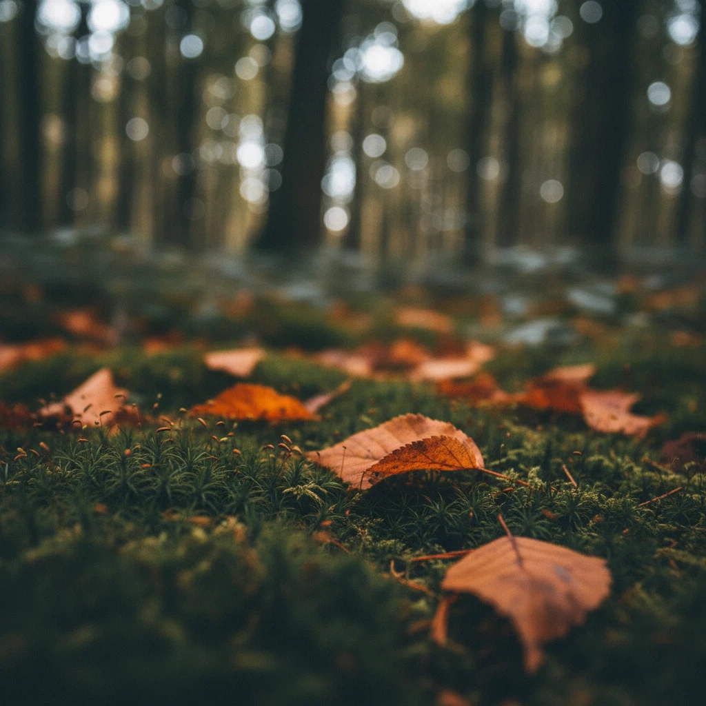 Close-up van mos en gevallen herfstbladeren op de bosbodem, geen mensen aanwezig