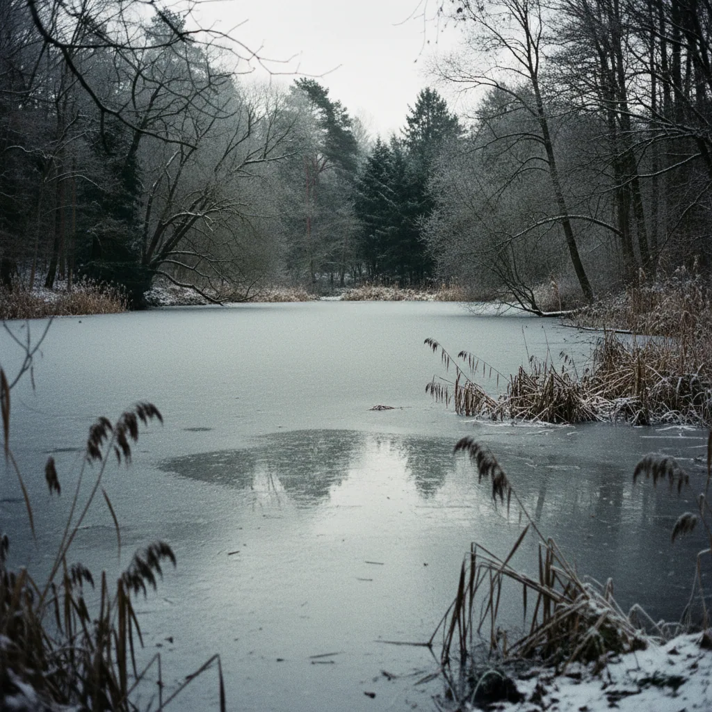Bevroren vijver met riet en winterse bewolking boven een vlak polderlandschap