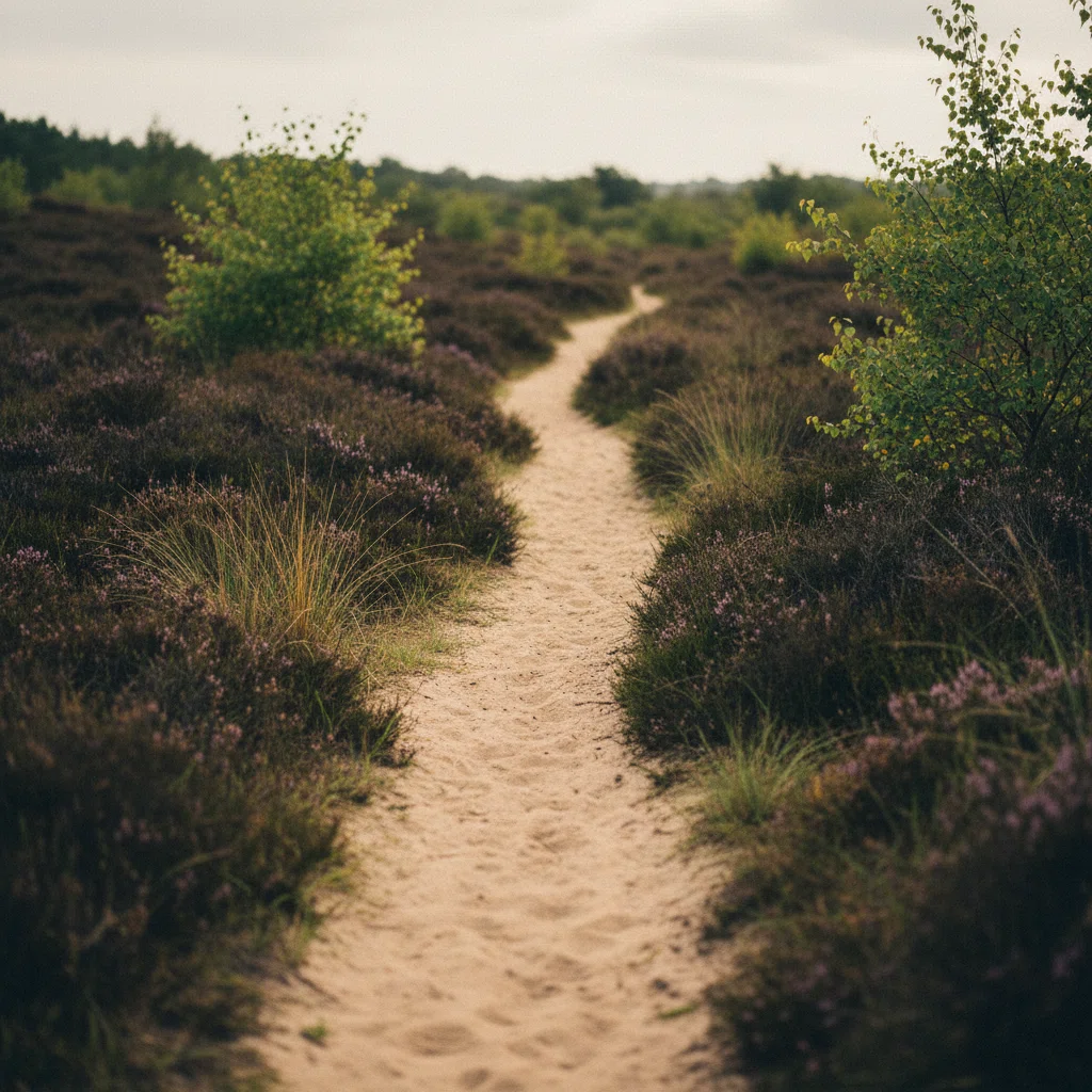 Zomergroen pad door hoog struikgewas bij een rustige heide in Twente