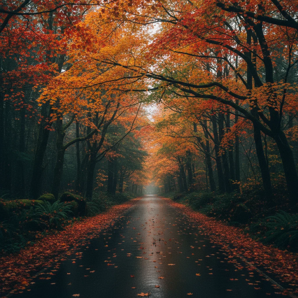 Herfstkleurige esdoorns langs een landweg met oranje en rode bladeren op het asfalt