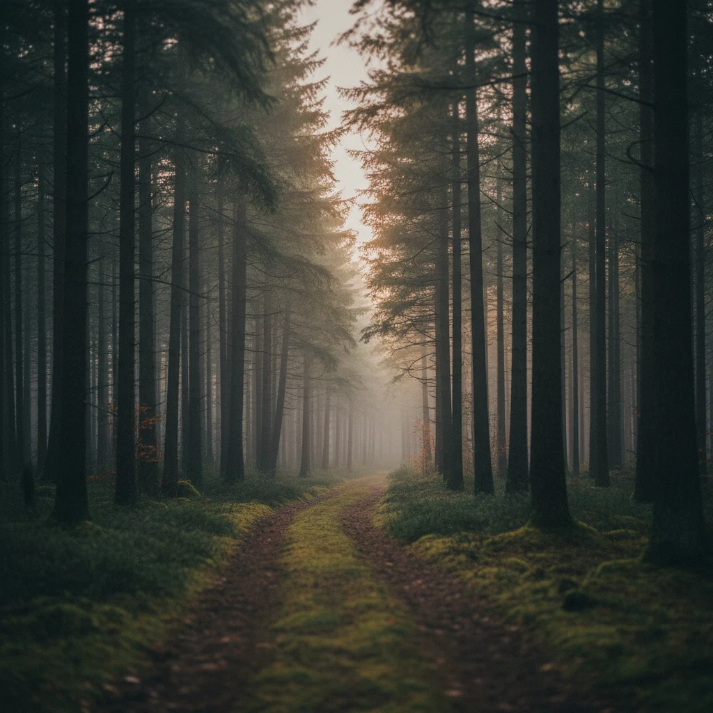 Schemering boven een stille bosweg in het Nederlandse landschap, geen mensen