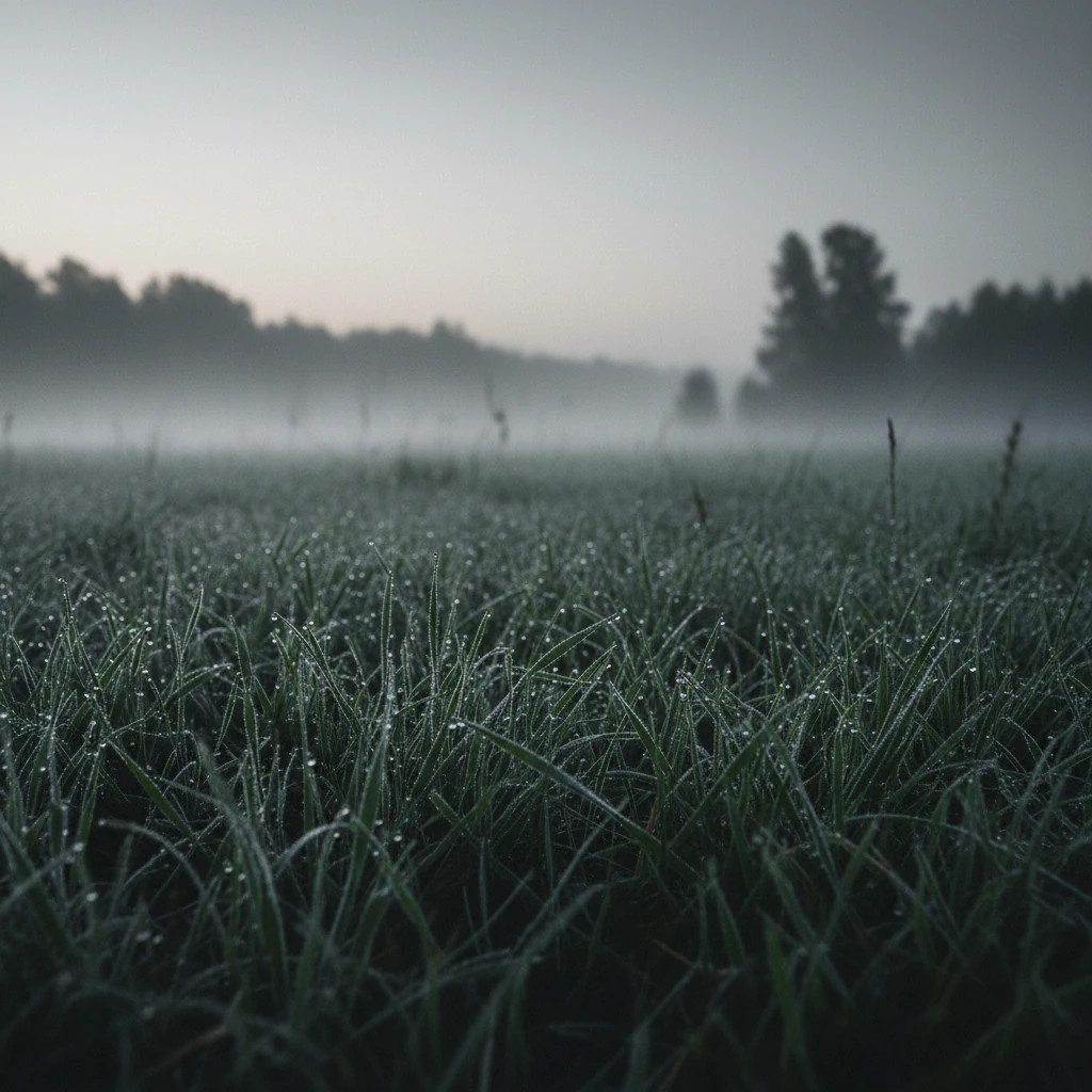 Mistig ochtendveld met dauw op grassprieten en zachte ochtendschemering, leeg landschap